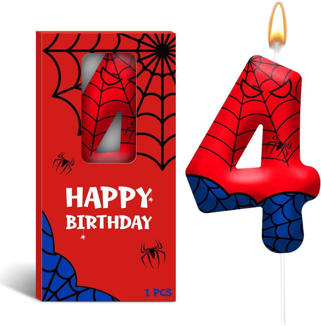 Spider Birthday Candles Number 4, Themed Cake Party Decoration | Red Blue Spider Web Number 4 Cake Candle Topper, Decor for Birthday Celebrations, Party Favors and Themed Gathering Supplies