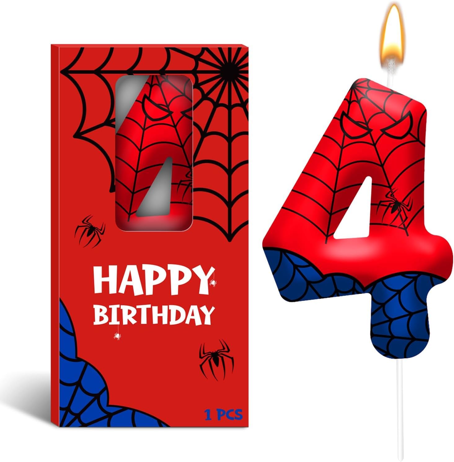 Spider Birthday Candles Number 4, Themed Cake Party Decoration | Red Blue Spider Web Number 4 Cake Candle Topper, Decor for Birthday Celebrations, Party Favors and Themed Gathering Supplies