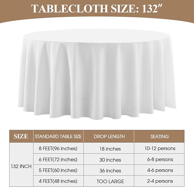 Round Tablecloth 132 Inch 10 Pack White Tablecloths Washable Decorative Linen Polyester Table Clothes Cover for Dining Table Banquets Buffet Parties and Wedding