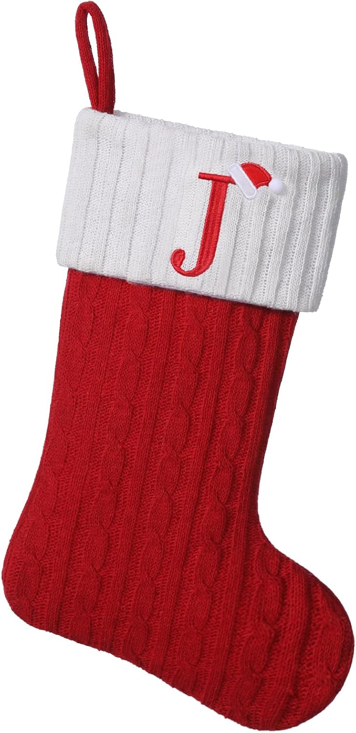 19.5 inch Red Knit Christmas Stockings,Personalized Embroidered Letter Christmas Stocking,Family Holiday Xmas Party Decor (Initial J)