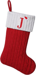 19.5 inch Red Knit Christmas Stockings,Personalized Embroidered Letter Christmas Stocking,Family Holiday Xmas Party Decor (Initial J)