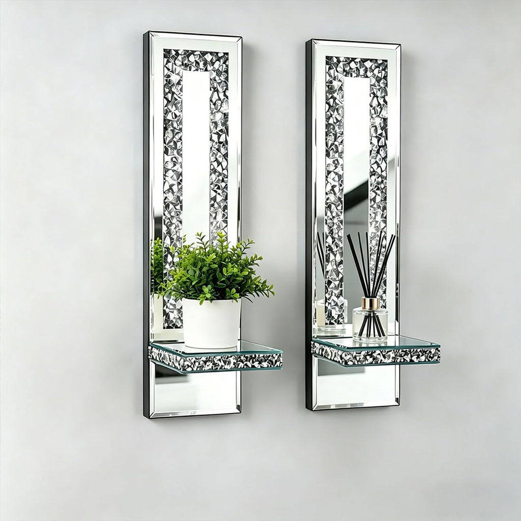 Pibeyer Mirrored Candle Sconces with Acrylic Diamond, Crushed Diamond Wall Candle Holders, Home Decor
