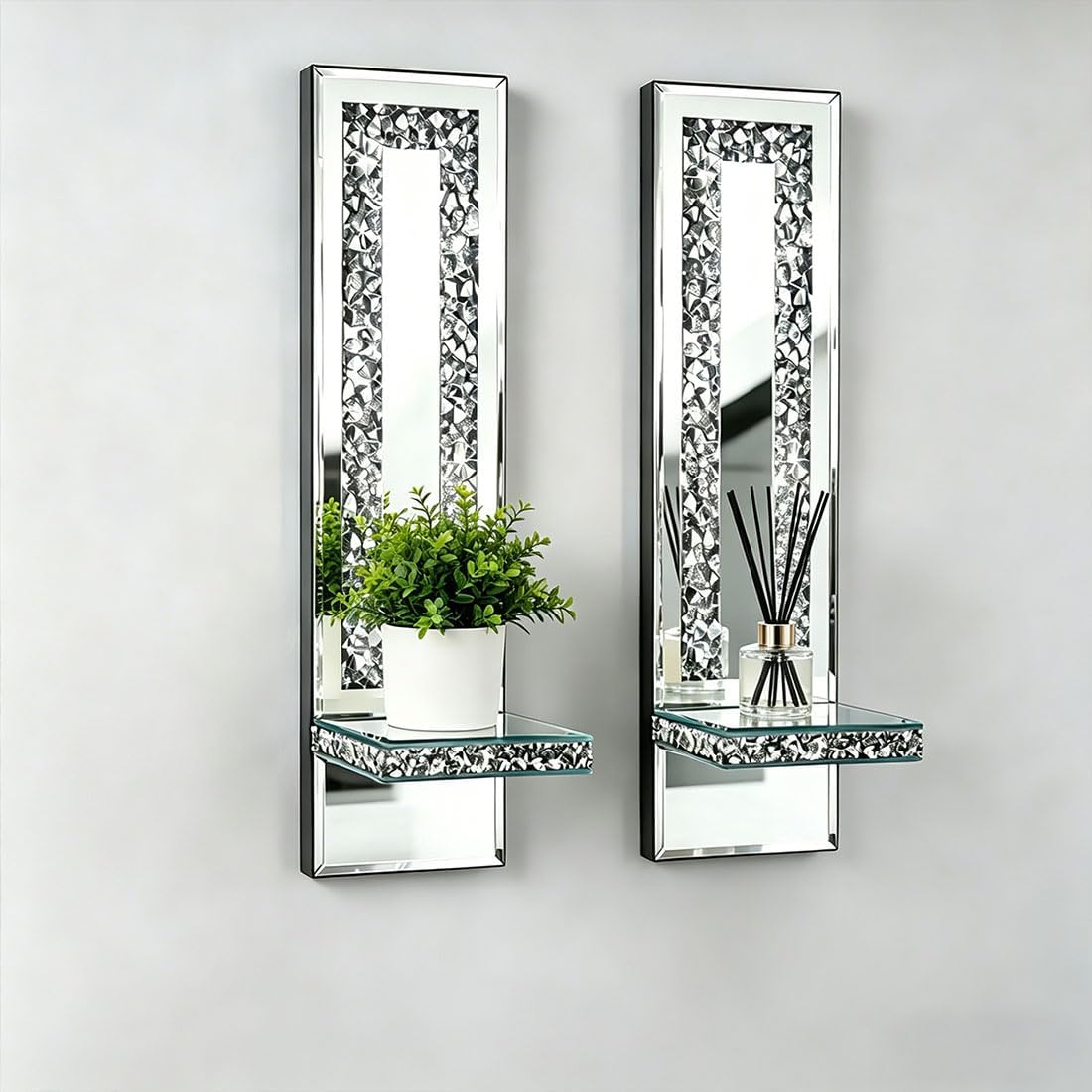 Pibeyer Mirrored Candle Sconces with Acrylic Diamond, Crushed Diamond Wall Candle Holders, Home Decor