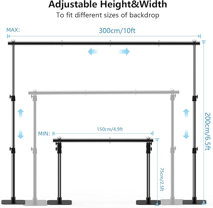 Pipe and Drape Backdrop Stand Kit, 6.5ft x 10ft Adjustable Photo Background Stands with Metal Flat Base for Photography, Birthday Parties, Wedding, Video Studio