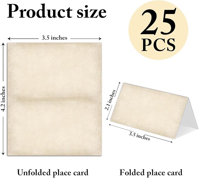 25 Pack Vintage Brown Place Cards, Editable Name Cards for Table Setting, Tent Cards Food Label for Dinner Party, Bridal Shower, Wedding, Baby Shower and Events -T34