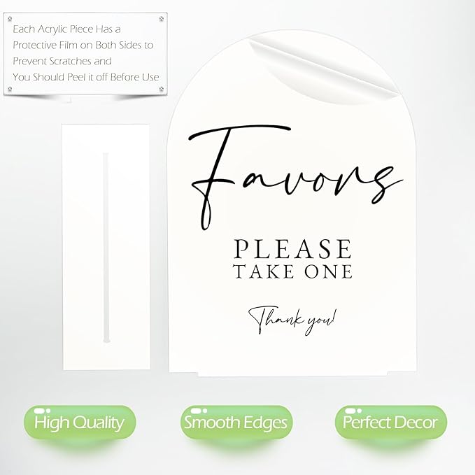 White Arch Acrylic Wedding Sign- 8"x10" Favors Sign and Base,1/8" Thick | Modern Calligraphy Arched Acrylic Favors Sign for Wedding & Party