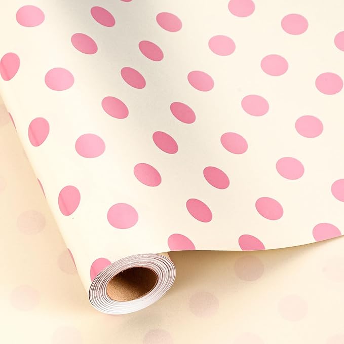 Burymento Pink and Beige Dots Wrapping Paper, Reversible Pink Gift Wrap for Birthday, Valentines, Mothers day, Graduation, Wedding, Fathers day, Baby Shower, Christmas (17in x 32.8ft)