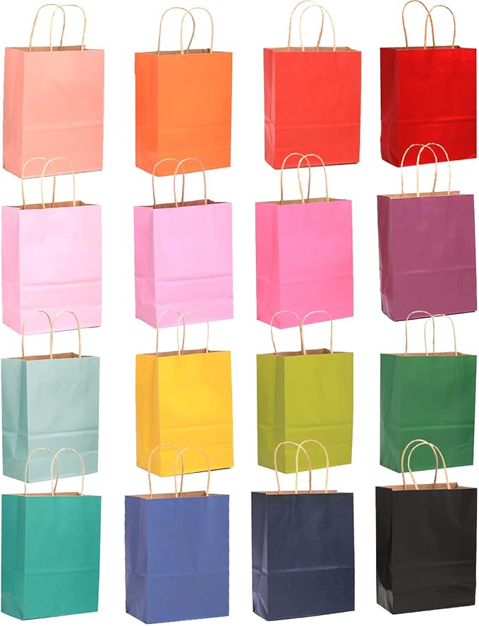 qiqee 200Pcs Paper Gift Bags with Handles - 8.3"x6"x3.15" Small Party Favor Bags Multiple Uses - 16 Solid Colors