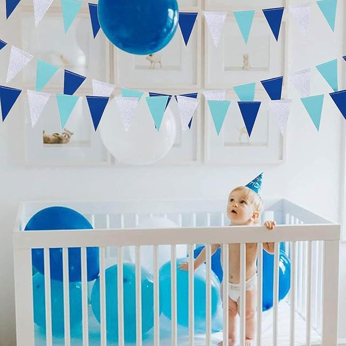 30 Ft Navy Blue Silver Pennant Banner Royal Blue Hanging Paper Triangle Bunting Flag Garland for Birthday Bridal Baby Shower Wedding Ahoy Achor Nautical Pirate Theme Party Decorations Supplies