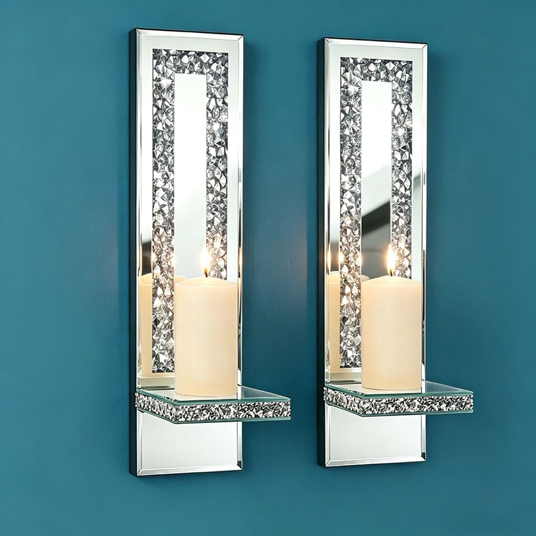 Pibeyer Mirrored Candle Sconces with Acrylic Diamond, Crushed Diamond Wall Candle Holders, Home Decor