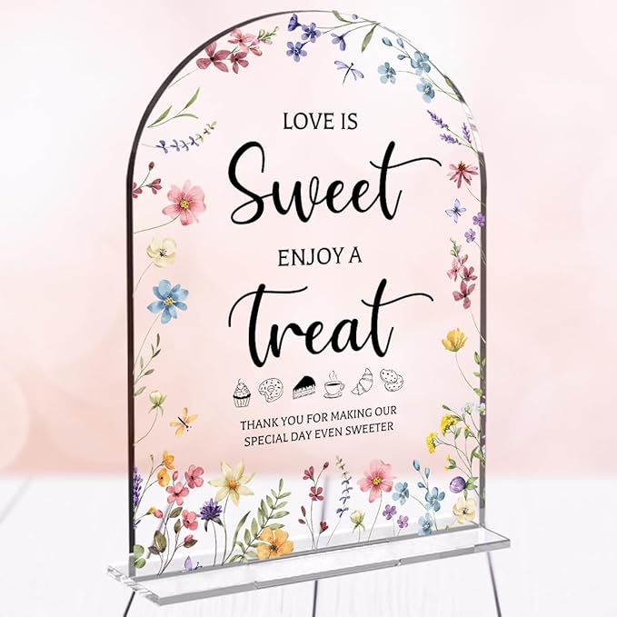 Wedding Signs Decor, Love is Sweet Sign for Dessert Table, Wedding Supplies 5x7 Inch, Wedding Signs for Ceremony And Reception, Arch Acrylic Table Sign for Anniversary, Bridal Shower Decor (Flower)
