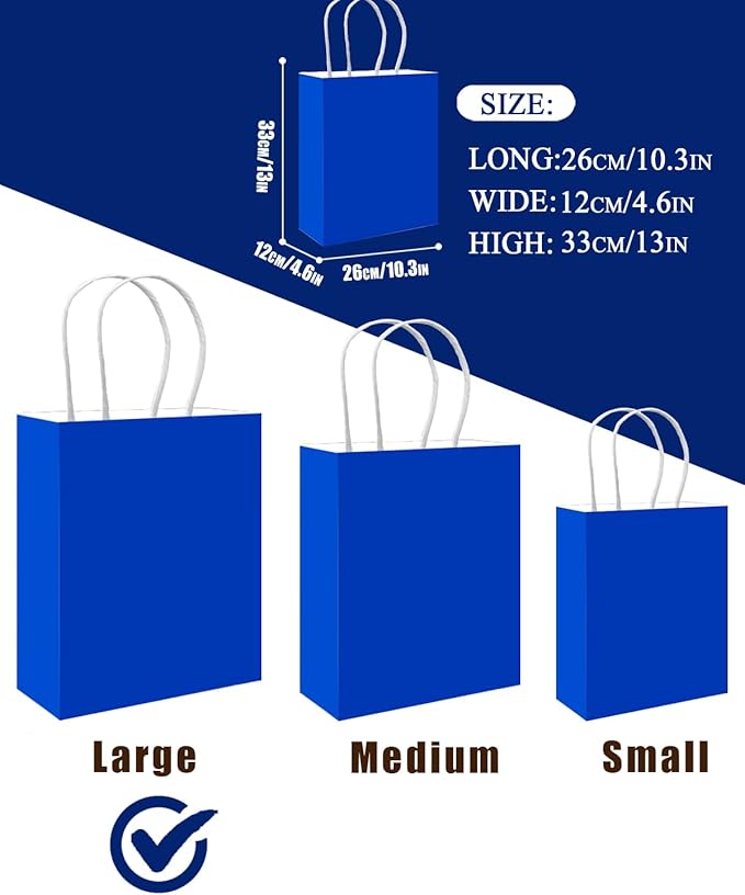 qiqee 50-Packs Diamond Blue Paper Gift Bags with Handles Bulk 13"x10.3"x4.6" Large Size Party Favor Bags Multiple Uses