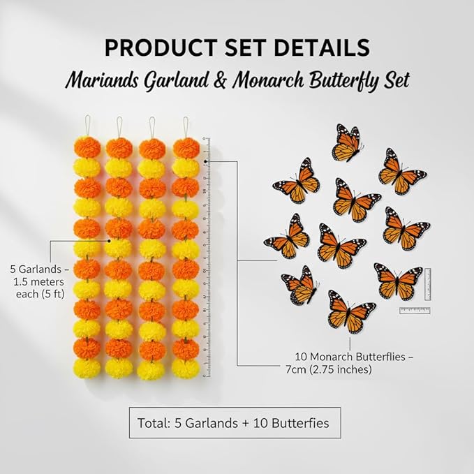 Marigold Garland for Decoration 5 Packs × 5ft Artificial Marigold Garlands Vibrant Orange Yellow Faux Flowers Includes 10 Butterfly Accents for Diwali Pooja Wedding Indian Decor