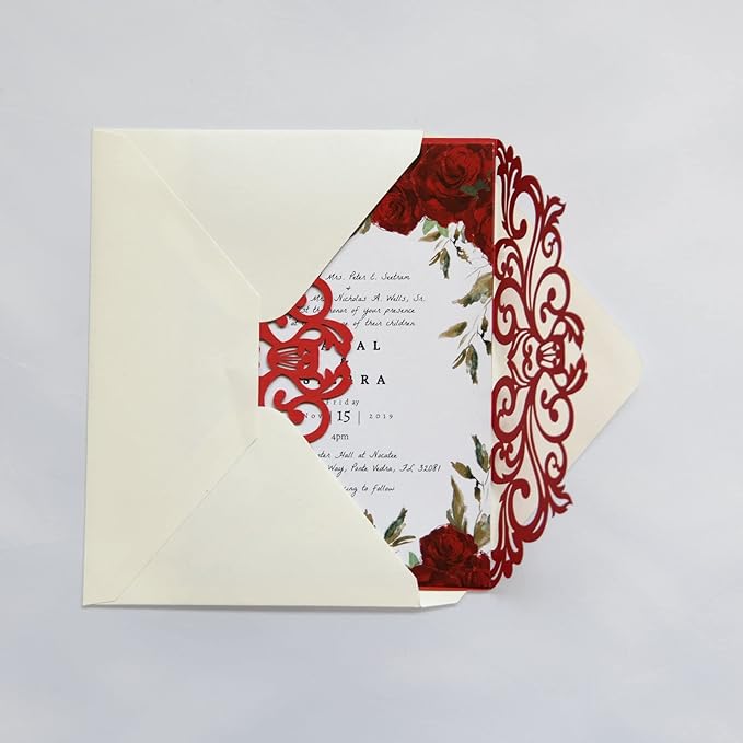 25PCS Red Laser Cut Wedding Invitations Cards with Envelopes,Blank Inner Sheets,Ribbons for Wedding Bridal Shower Quinceañera Engagement Birthday Invites