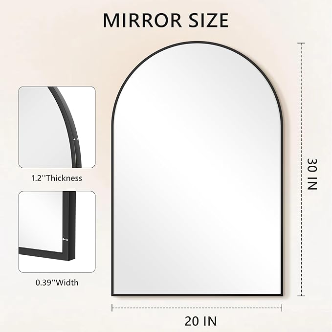 Arched Bathroom Mirror for Wall, Mirror for Vanity,30''x20'' Large Wall Mounted Mirror, Metal Frame (30''x20'', Black)