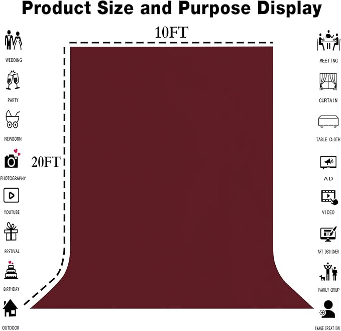 10x20FT Large Wine Red Screen Backdrop Photography Photo Booth Burgundy Red Backdrop Photoshoot Background