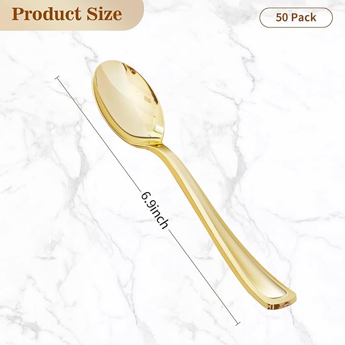 BESTVIP 50 Pack 6.9 Inch Gold Plastic Spoons, Heavy Duty Plastic Silverware, Heavyweight Gold Disposable Spoons, Disposable Serving Utensils for Catering, Parties, Dinners, Weddings, Christmas