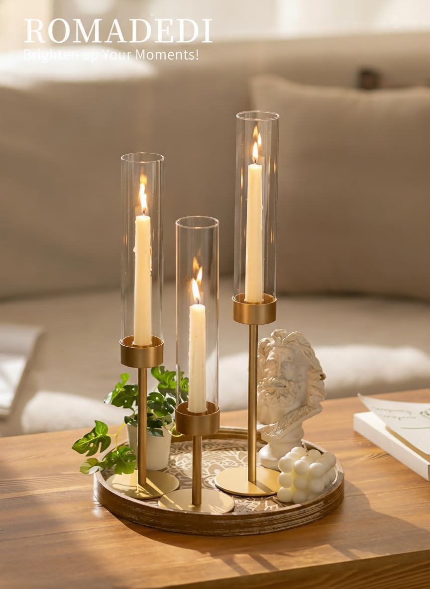 Glass Hurricane Candlestick Holders Gold - Romadedi Taper Candle Holder Tall Clear Glass Cylinder Table Centerpiece Wedding Decor Party Birthday Christmas Home Decorations Set of 3