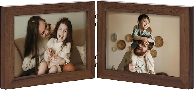 decorUhome Double 6x4 Picture Frame Horizontal, Engineered Wood Bifold Photo Frame with Plexiglass for Tabletop Display, 6x4, Brown