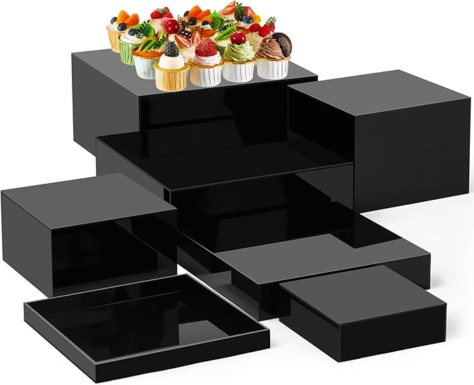 Leinuosen 7 Pcs Large Buffet Risers Set 6" to 12" Acrylic Display Box Catering Dessert Table Riser Food Display Decorative Stand with Hollow Bottom for Catering Supplies(Black, Square)