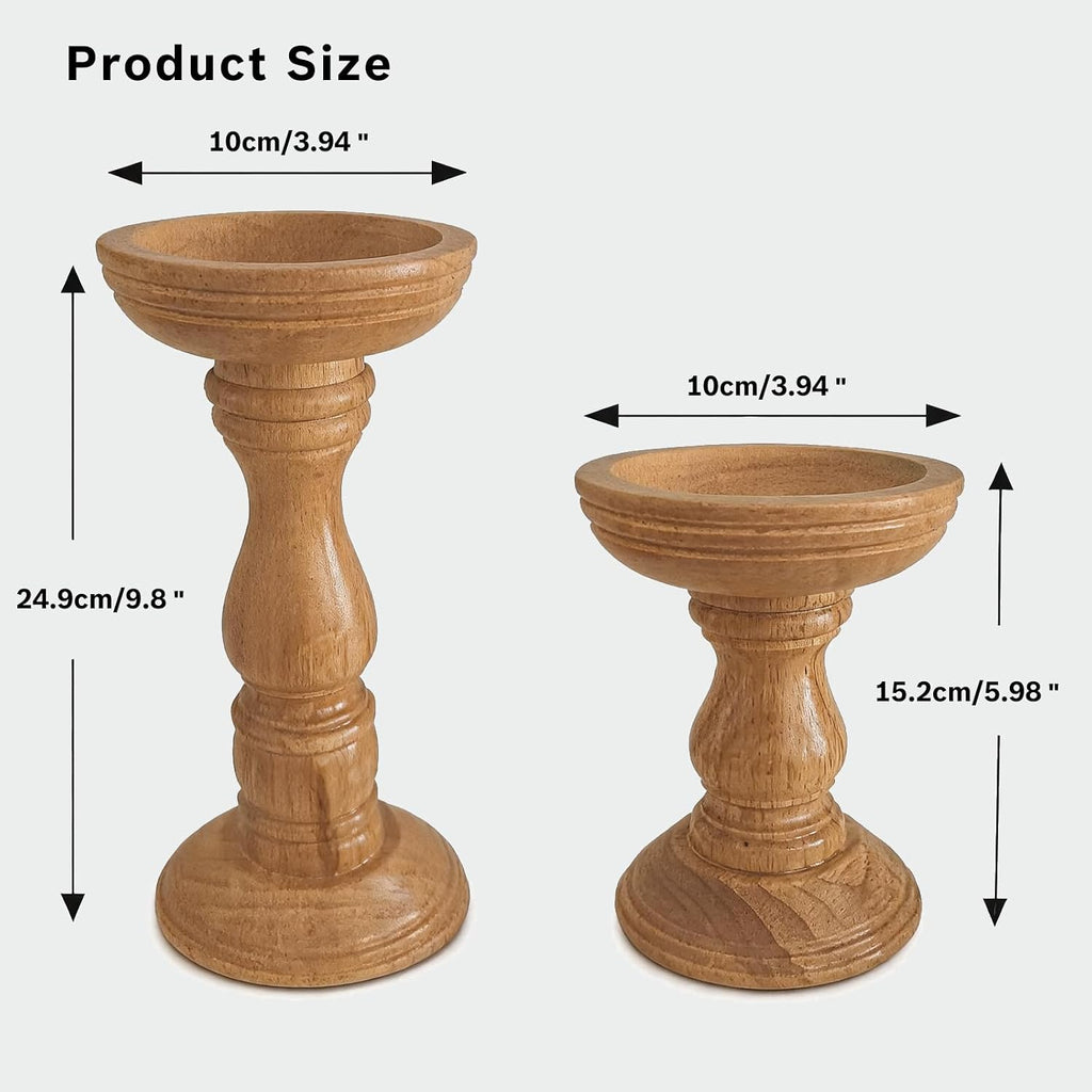 Farmhouse Wood Candle Holders for Pillar Candles Set of 2, Rustic Wooden Candlestick Holders Tall Candle Stand Decor, Solid Wood Table Centerpiece for Living Room Mantel, Brown