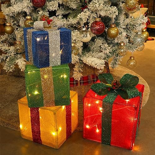 set of 4 christmas lighted gift boxes decorations, close-up detail