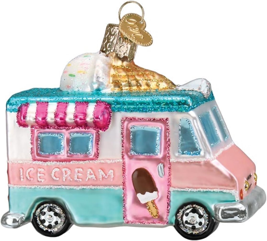 Old World Christmas Ice Cream Truck Glass Blown Ornament for Christmas Tree, Handcrafted Holiday Decoration, Ice Cream Collection