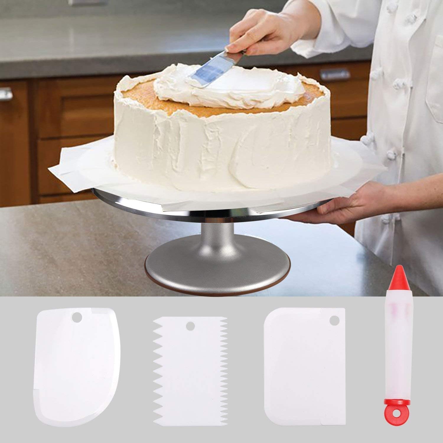 Cake Decorating Supplies Aluminium Alloy Revolving Cake Turntable with 12.7'' Angled Icing Spatul Cake Leveler Comb Icing Smoother Banking Supplies Cake Stand Baking Supplies (ZC011)