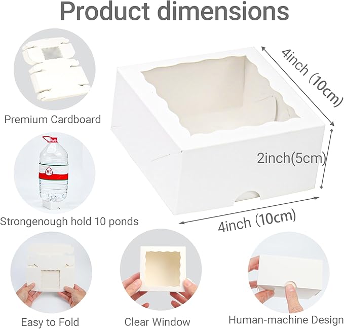50-Count 4x4x2 Food-Safe Elegant White Bakery Boxes - Multi-Use Pastry & Treat Packaging for Cookies, Truffles & Wedding Favors (Stackable Gift Boxes for Cakes, Pies & Cinnamon Rolls)