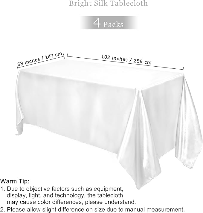 TURSTIN 4 Packs Satin Tablecloth 102 x 58 Inch Overlay Satin Table Cover Rectangle Bright Silk Tablecloth Smooth Fabric Table Decoration for Wedding Banquet Party Events, White