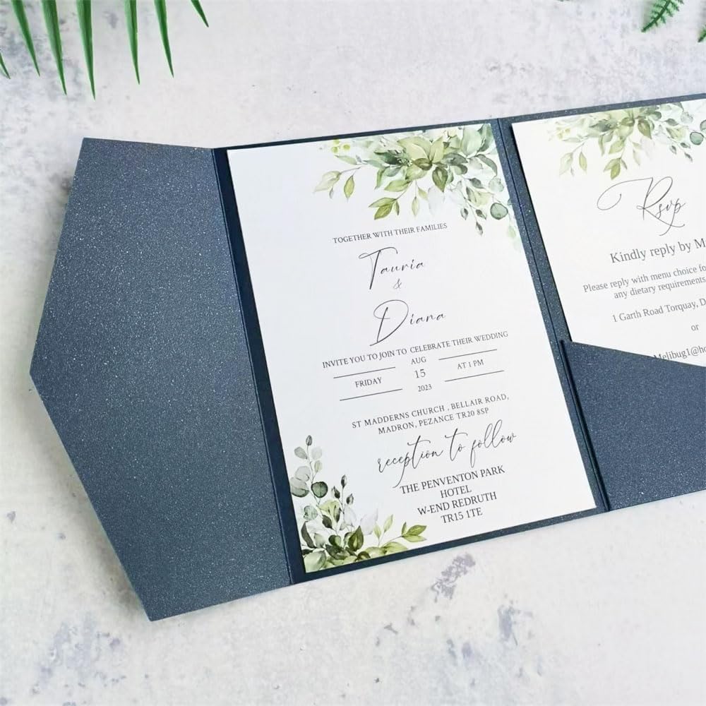 Navy Blue Wedding Invitation Card Pocket Envelopes Sturdy Shimmer Invite Cover Folder 20 sets (navy blue)