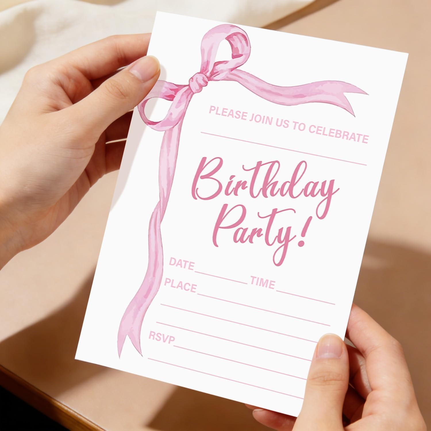 Pink Bow Birthday Invitations for Girls Boys, 20 Sets Bow Knot Invitation Cards with Stickers and Envelopes for Birthday Baby Showers Weddings and Celebrations, 4.7 x 6.7 Inch