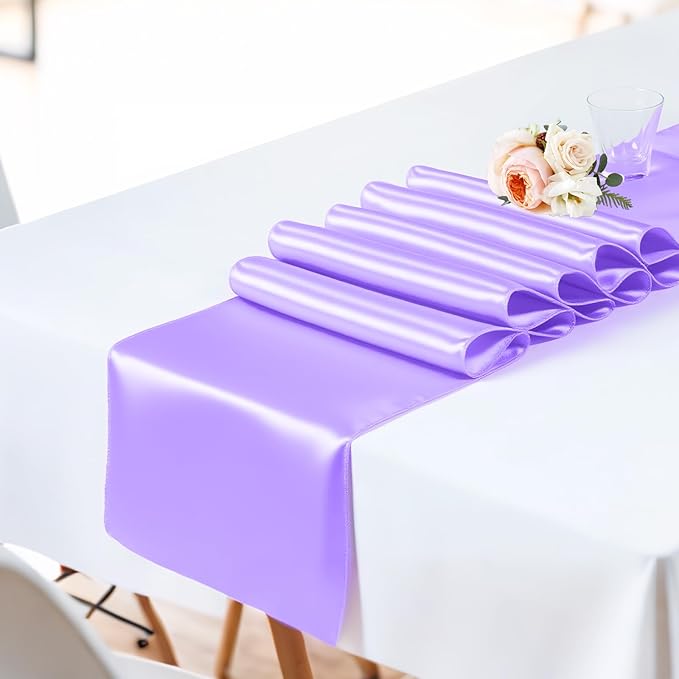 SHEJIZE 2 Pack Lavender Satin Table Runner 12x108 Inches Long, Bright Silky Smooth Satin Table Runner Table Decor for Wedding Banquet Christmas Prom Event Birthday Party