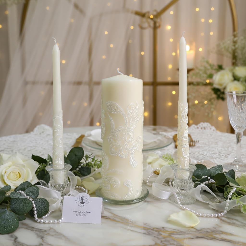 Hosley 11.50 Inch High Cream Wedding Unity Candle Set Includes 1 Pillar and 2 Taper Candles Great for Weddings as Well as Special Events and Emergency Lighting or for Reiki Spa Meditation