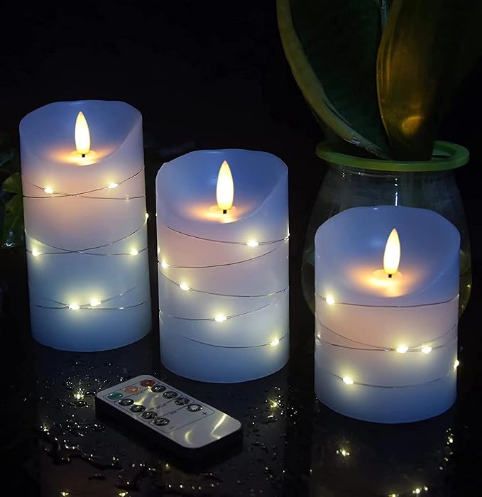 danip Sky Blue LED Flameless Candle with Embedded Starlight String, 3 LED Candles, 11 Key Remote Control, 24 Hour Timer Function, Dancing Flame, True Wax, Battery Powered. (Sky Blue)