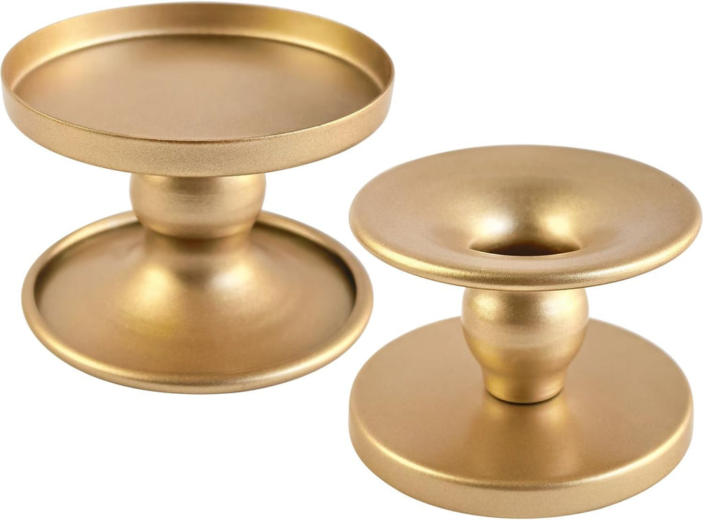 Reversible Gold Candle Holders Set of 2 for Pillar & Taper Candles | Metal Candle Trays For Pillar Candles Up To 3.2 In And Tapers Up To 0.9 In, For Tables, Weddings, Parties