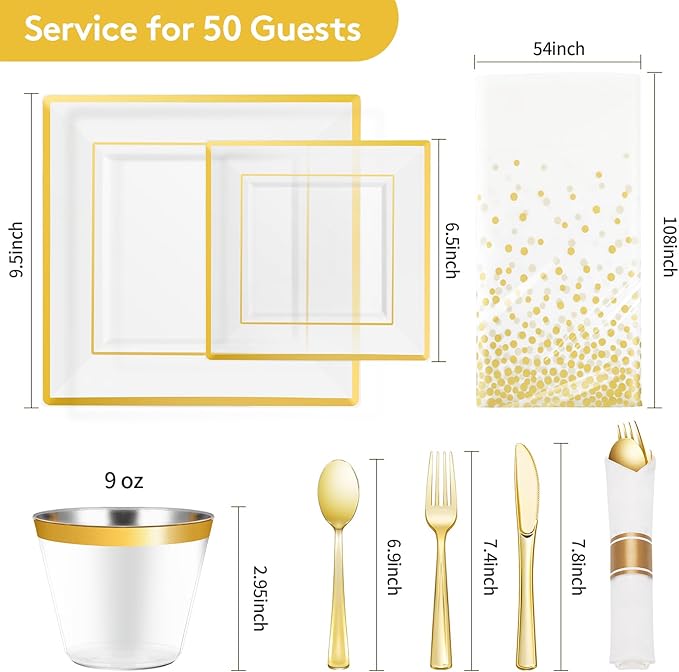 Goodluck 352-Piece Clear Plastic Dinnerware Set for 50 Guests, Includes: 100 Clear Square Plates with Gold Trim, 50 Rolled Napkins, 50 Cups, 50 Cutlery Set and 2 Tablecloths