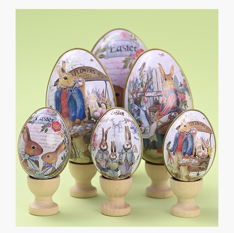 4.3" Medium Easter Egg Tin - Retro Rabbit & Carrot Metal Storage Box, Traditional Garden Style Egg Shaped Keepsake for Candies & Jewelry