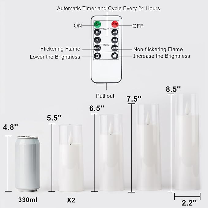 Amagic Pure White Acrylic Flameless Candles, Battery Operated Candles, Flickering LED Pillar Candles with Remote Control and Timer, Warm Yellow Light, D2.2 xH5 5" 6" 7" 8", Set of 5