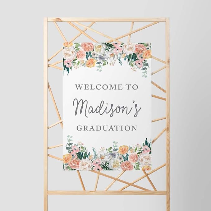 Andaz Press Personalized Extra Large Wedding Easel Board Party Sign, 12x18-inch, Peach Coral Floral Flowers Roses on White, Your Text Here, 1-Pack, Custom