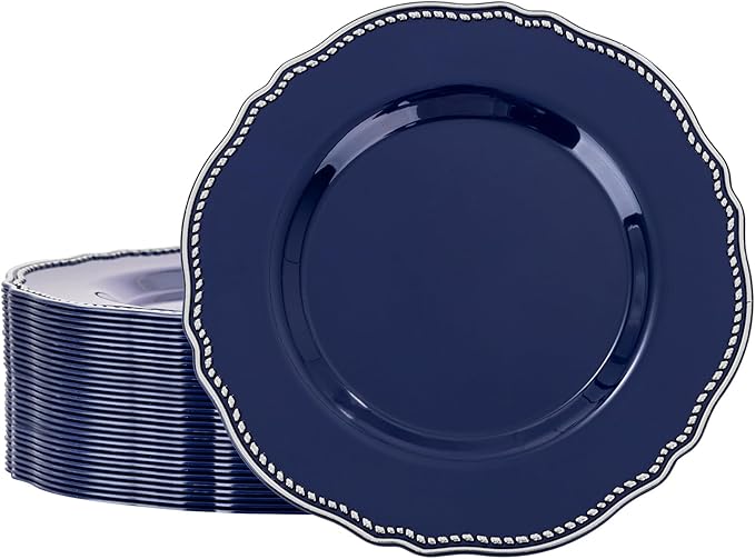 Hioasis 60pcs Blue Plastic Plates - Blue and Silver Disposable Dinnerware with Gold Rim, Heavy-duty, 10.25 inch, Dinner Plates for Party & Wedding