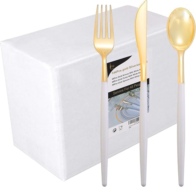 I00000 144Pcs Gold Plastic Silverware, Gold Plastic Utensils Set,Disposable Utensils Heavy Duty,Disposable Silverware Set Includes 48 Forks,48 Knives,48 Spoons for Party & Wedding