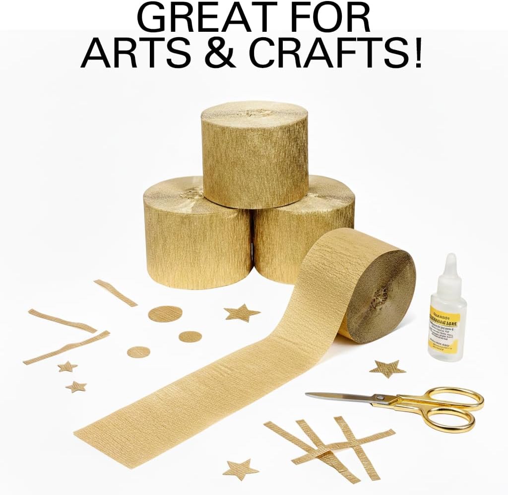 Gold Streamers 4 Rolls, 328 Ft Gold Crepe Paper, Streamer Party Decorations for Birthday, Wedding, Showers (1.8 in x 82 ft/Roll)