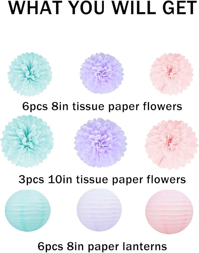 Blue Pink Purple Party Decorations - 15Pcs Tissue Pom Poms Paper Flowers Paper Lanterns Mermaid Birthday Party Baby Shower Lavender Wedding Hanging Decor