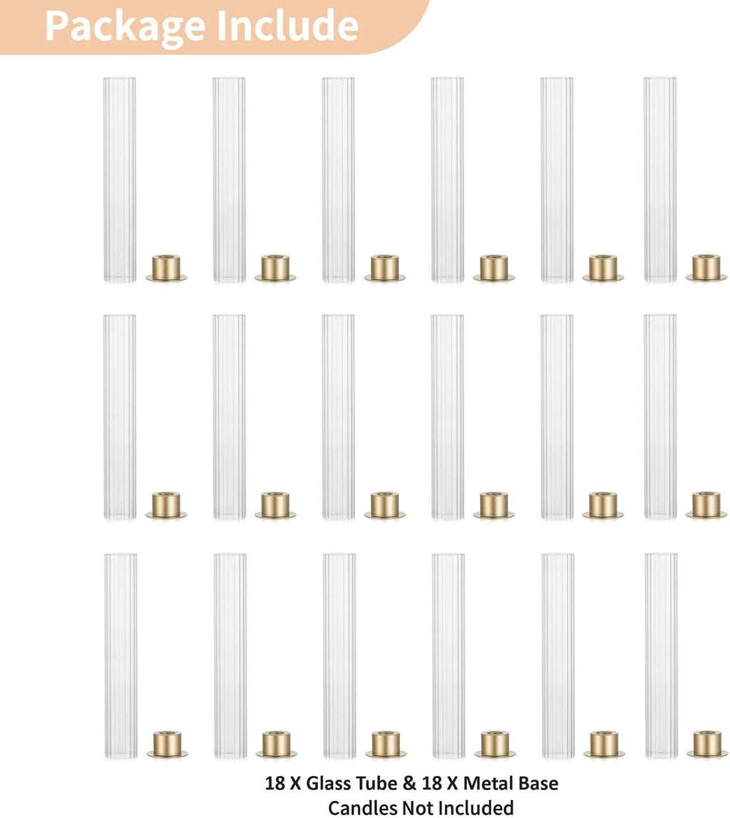 NUPTIO Hurricane Glass Candle Holders: Set of 18 Gold Taper Holders Bulk with Fluted Sleeves - Brass Candlestick Holders for Table Centerpiece Decoration