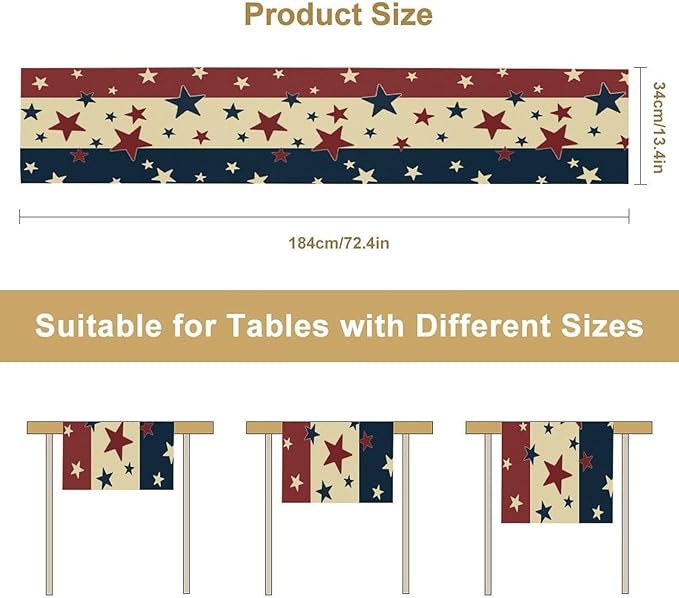 Memorial Day Table Runner, 4th of July American Patriotic Independence Day Stars Stripes Print Table Runne for Summer Holiday USA Home Decoration Party,13x70inch