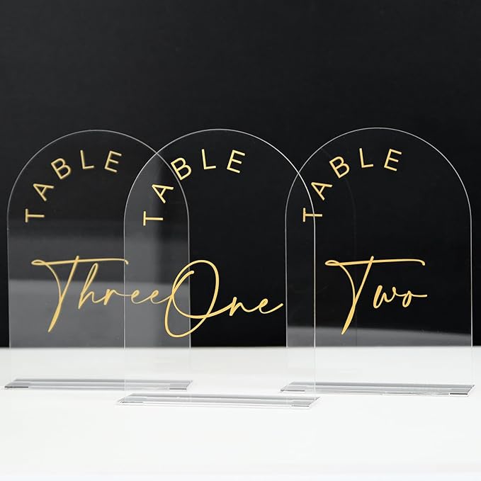 JINMURY Acrylic Arch Table Numbers with Stands, 5x7 Inch Acrylic Arch Sign Table Numbers for Wedding (Clear Gold Font, 1-10)