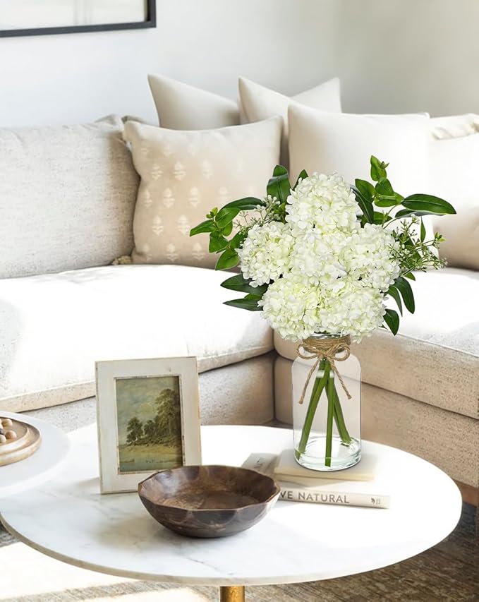 Hollyone White Hydrangea Artificial Flowers in Clear Glass Vase with Faux Water Silk Hydrangeas Fake Flowers Floral Arrangement for Home Bathroom Kitchen Office Table Centerpiece Shelf Decorations