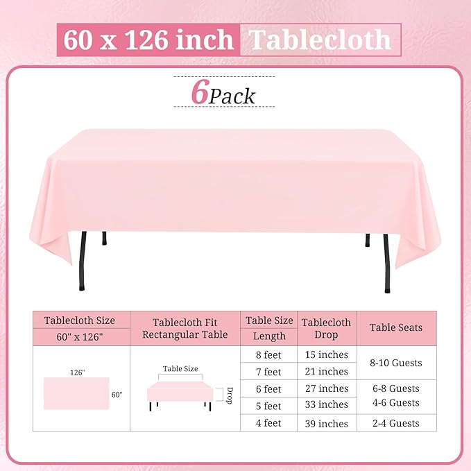 6 Pack Pink Tablecloths for 8ft Rectangle Tables 60 x 126 Inch - Polyester Table Cover Stain and Wrinkle Resistant Washable Fabric Table Clothes for Wedding Party Banquet Reception Restaurant