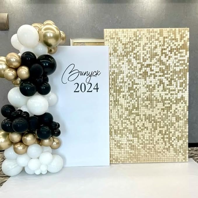 Qcity Champagne Gold Shimmer Wall Backdrop 36PCS, Black Back Not See-Through Design, Square Sequin Glitter Backdrop Panel, Perfect for Outdoor Events, Birthdays, Wedding and Party Decoration